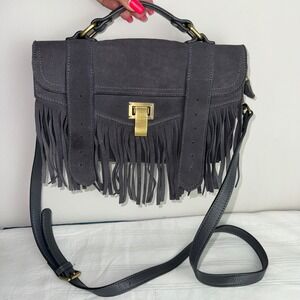Gray Suede Fringe Crossbody Bag‎ Adjustable Strap Brass Hardware Flap Closure